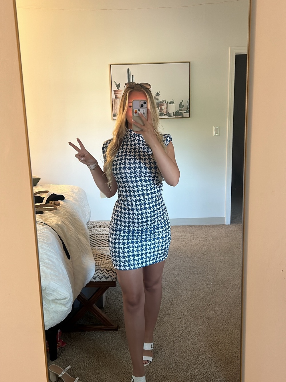 Blue and White Houndstooth Short Sleeve Mini Dress